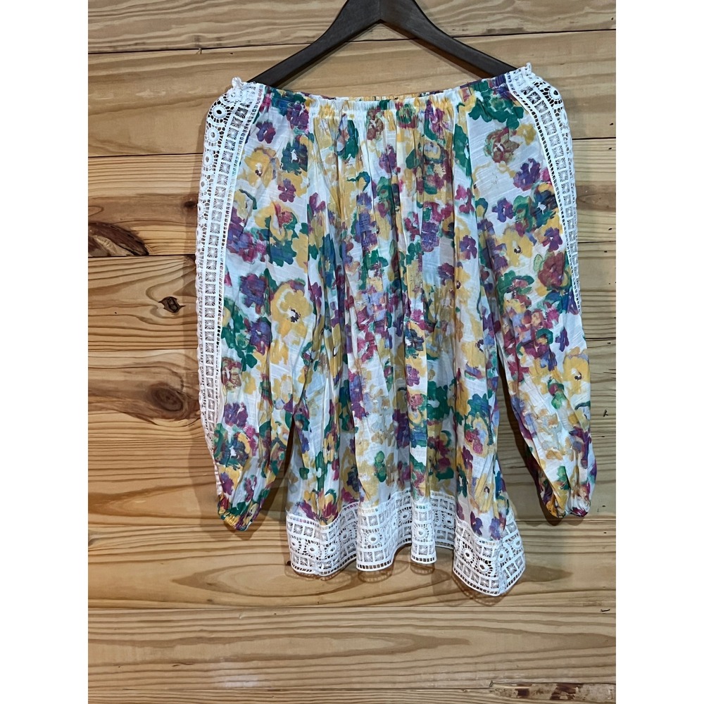 Hope & Harlow Blouse Women Large Multicolor Floral Crochet Lace Trim Peasant Top